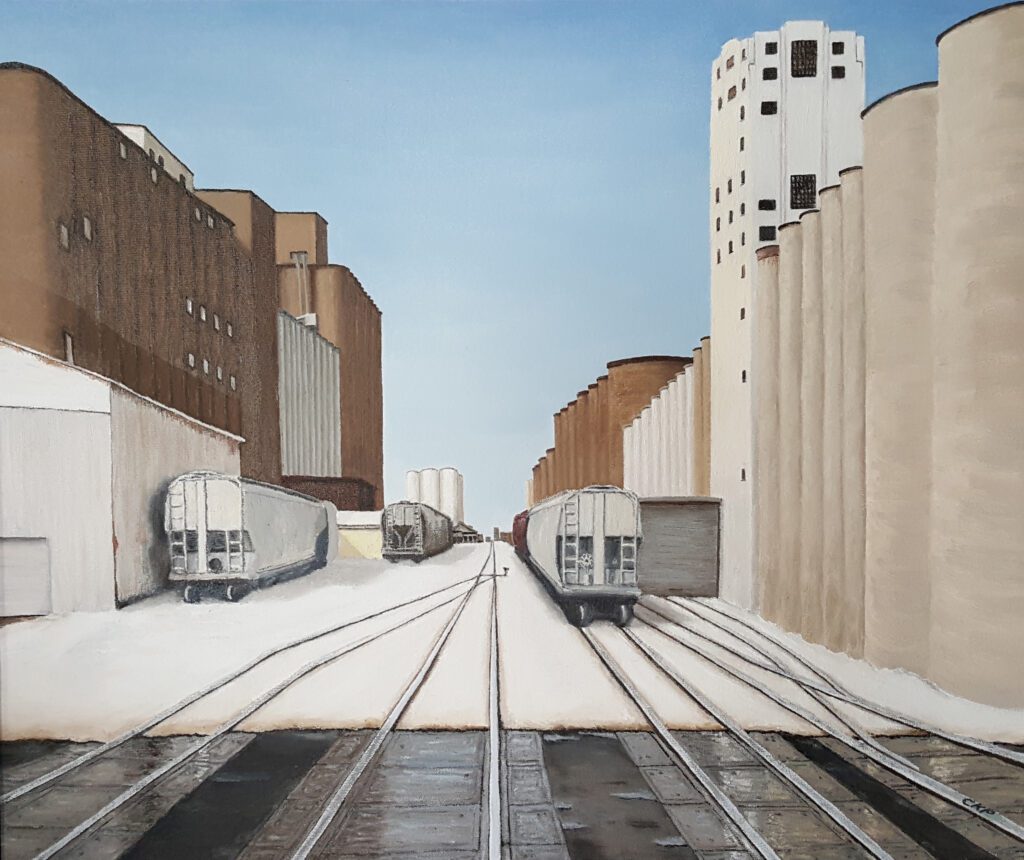 An oil painting of grain elevators and trains. It is the view looking north on Hiawatha Avenue in Minneapolis, Minnesota.
